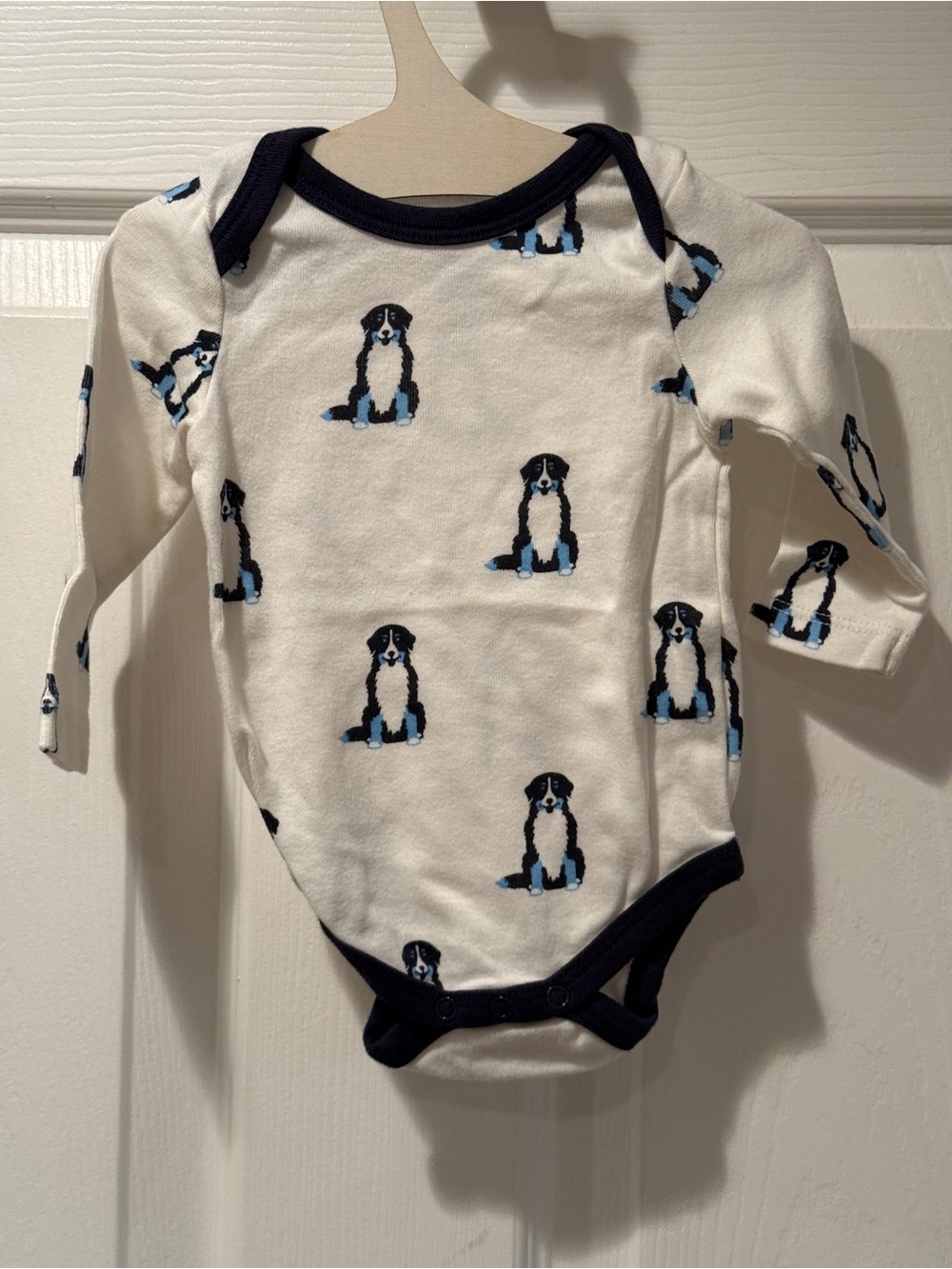 Monica + Andy Bernese Mountain Dog Long Sleeve Blue & White Onesie 0-3M
